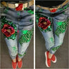 Hole Ripped Floral Paint Stretch Jeans