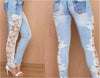 Lace Floral Side Spliced Stretch Denim Trousers