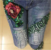 Hole Ripped Floral Paint Stretch Jeans