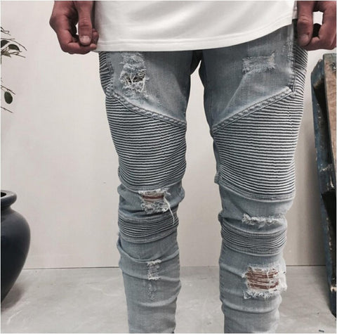 Denim Straight Biker Skinny Jeans Men Ripped Jeans