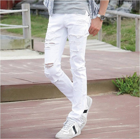 White Ripped Jeans Men With Holes Super Skinny